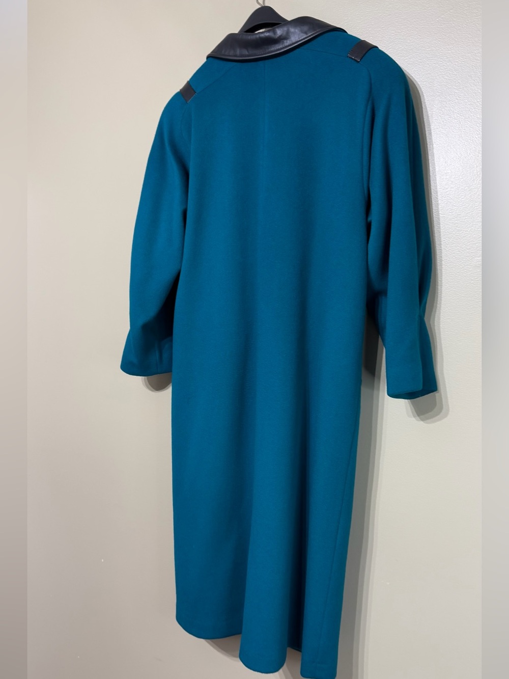 Vintage 1980’s Braemar Petites 100% Virgin Wool Teal Faux Leather Power Trench - Picture 7 of 9